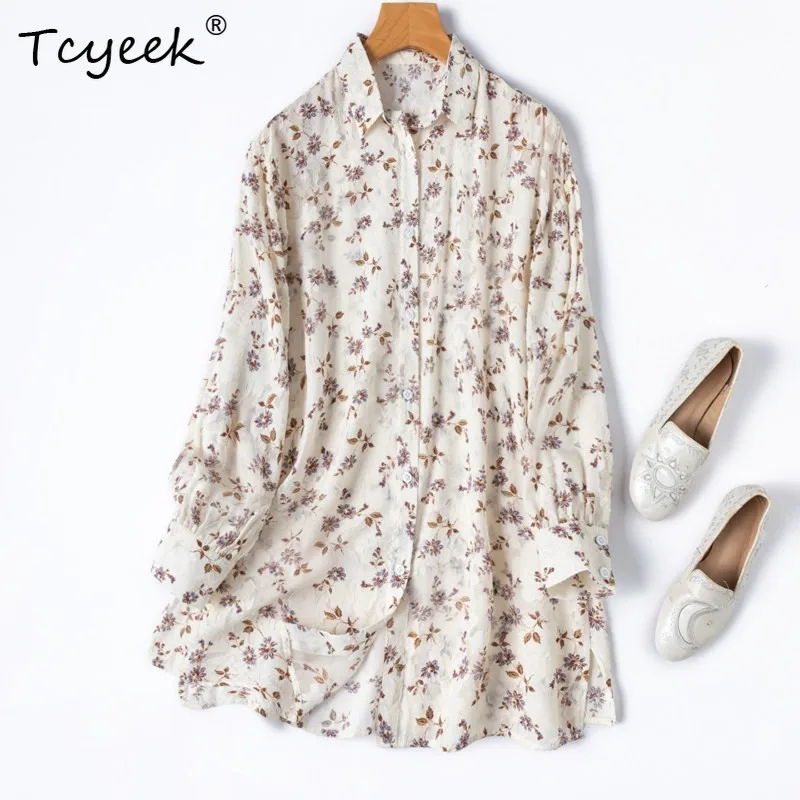 Tcyeek 100% Real Silk Women Shirt 2026 Summer Exquisite Floral Semi-transparent Large-size Tops Female Clothing Roupas Femininas
