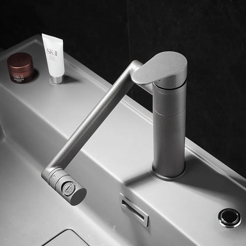 

Gun Grey Bathroom Basin Faucet Deck Mounted Washbasin Faucet 360 Rotation Mix Hot And Cold Faucets Brass Sink Faucet