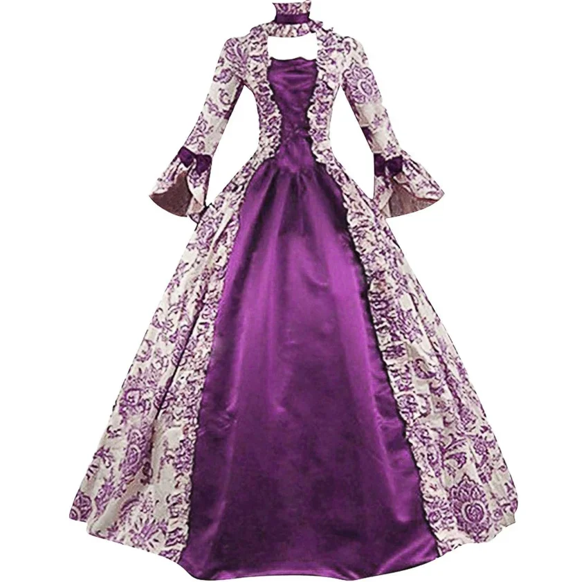 Женское средневековое платье для косплея Марии-Антуанетты больших размеров, фиолетовое викторианское вечернее платье в стиле Ренессанс, готический халат с цветочным принтом