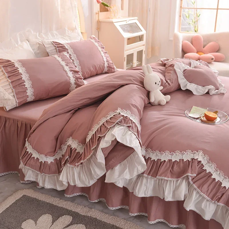 

New Korean Princess Style 100% Cotton Bedding Set Romantic Double Layer Ruffles Quilt Cover Set Bed Skirt Bed Linen Pillow Shams