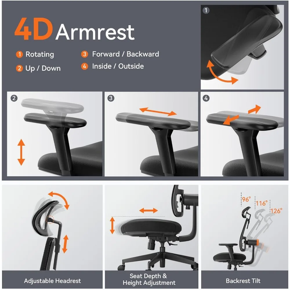 Chaise de bureau à dossier haut avec support lombaire adaptatif unique, repos de sauna réglable, réglage de la profondeur du siège