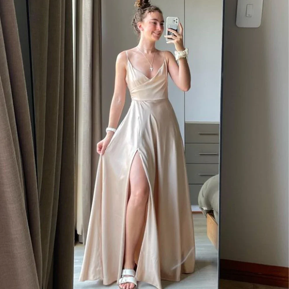 

Exquisite Simple Classic Jersey Pleat A-line Spaghetti strap Long Dresses Prom Dresses Formal Fashion Modern Style Matching