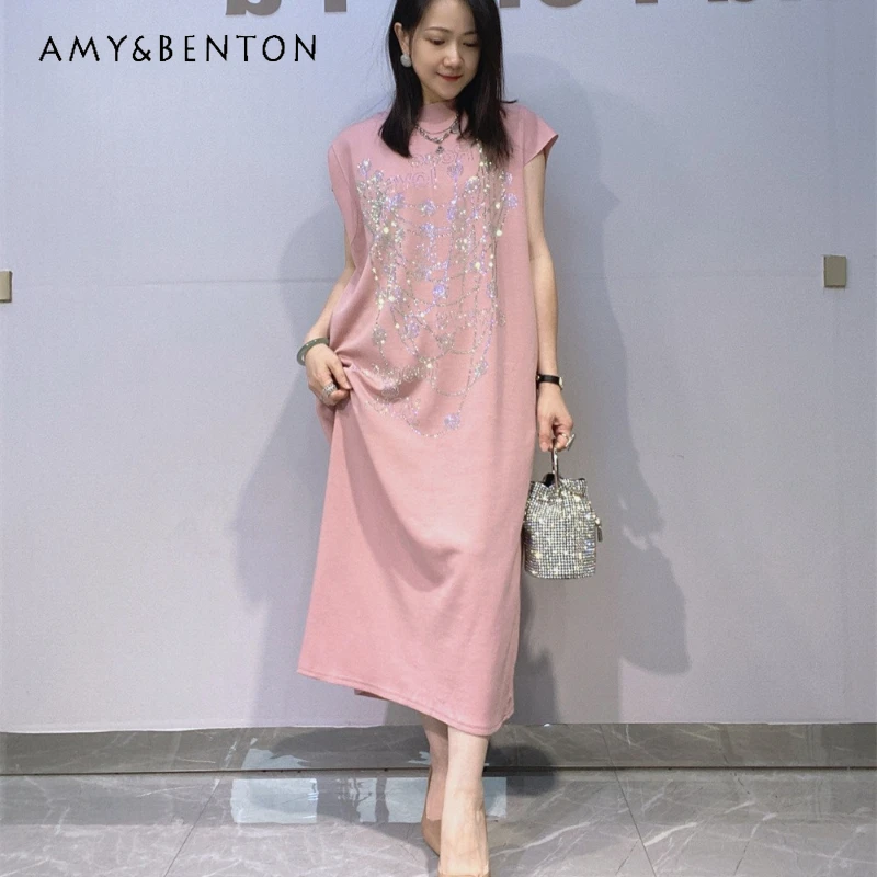 

American Style Rhinestone O-neck Short Sleeved Long Dress Ladies Summer Oversize High-end Hotfix Rhinestone Evening Gown Dresses