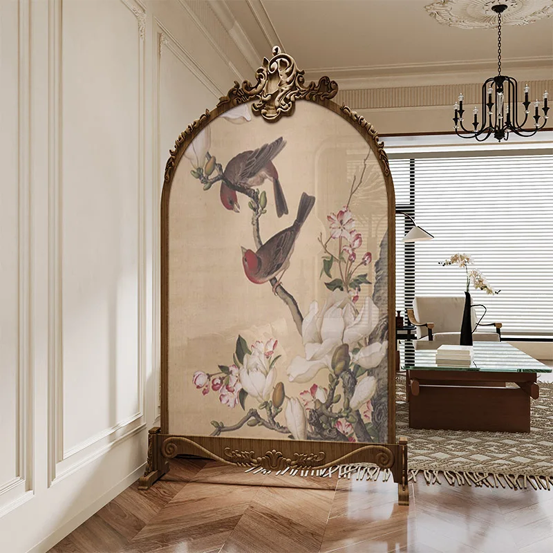 French medieval peach blossom bird solid wood carving flower screen partition living room bedroom blocking entrance home mobile