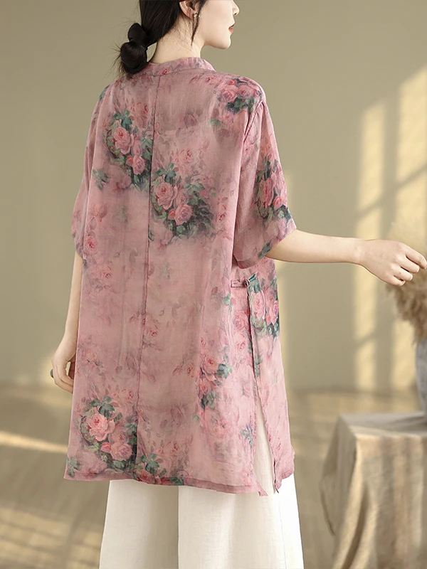Flachsdruck Anti-Aging Tea irt Damen Große Größe Knopf Stehkragen Mittellanges Sve Blumenoberteil Bequeme Freizeitkleidung