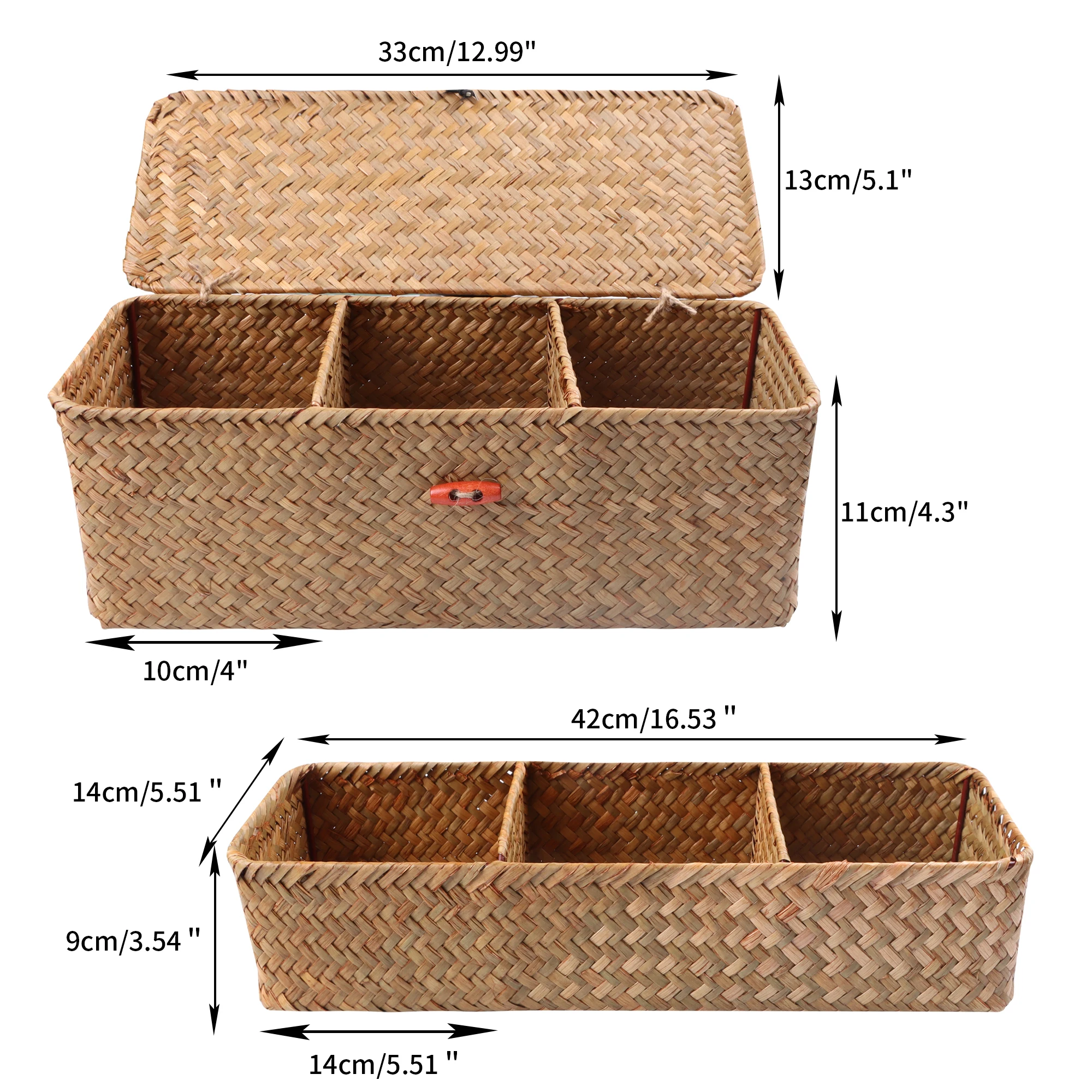 1pc Seagrass Storage Basket 3 grids Rectangular Small Woven Shelf Baskets Desktop storage box, toy snack storage box