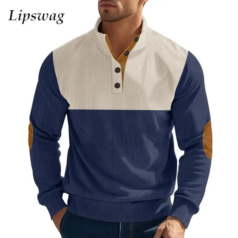 

Fashion Patchwork Corduroy Sweatshirts Mens Casual Stand Collar Buttoned Long Sleeve Pullovers Fall Vintage Men Loose Sweatshirt