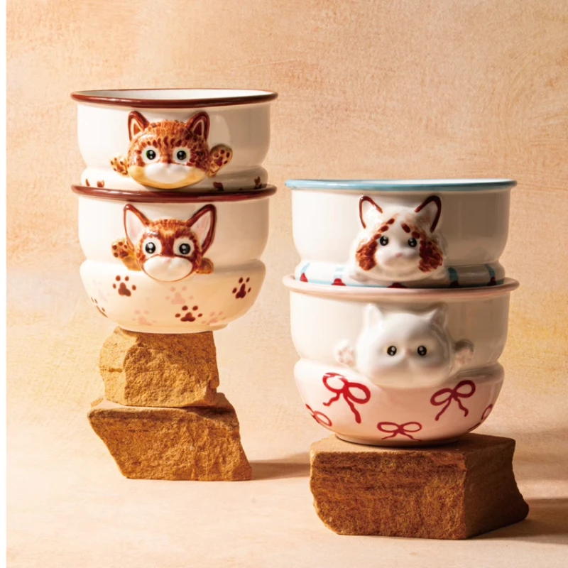 Cat meal bowl hand-painted ceramic cute girl healing salad instant noodle bowl gift