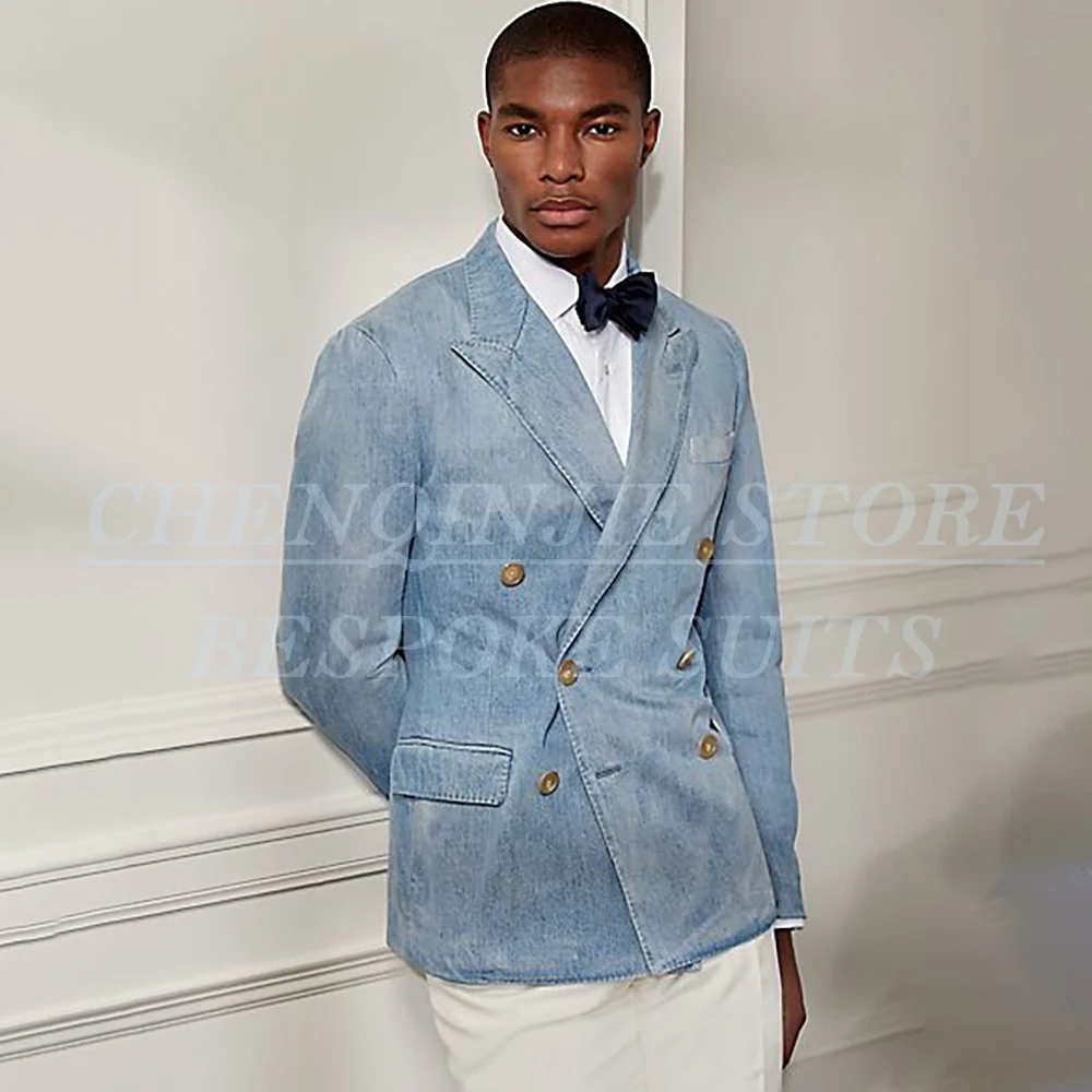 

Customzied Men's Suits Elegant Denim Double Breasted Peak Lapel Slim Fit 2 Piece Jacket Pants Sets Daily Male Clothing Costume