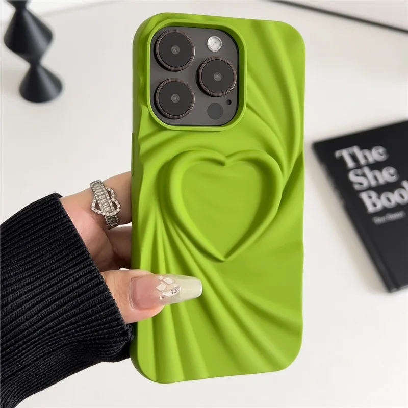 Luxury Candy Color 3D Pleated Love Heart Phone Case For iPhone 11 12 13 14 15 Pro Max X XR XS Max Ins Simple Shockproof Cover