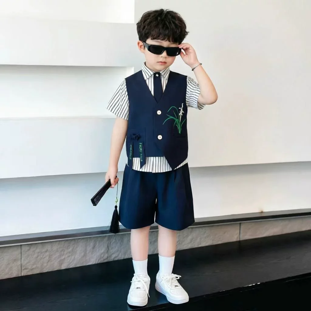 Boys' New Chinese Style Bamboo Rhyme Embroidered Vest Flower Boy First Birthday Suit Host Stage Performance Costume