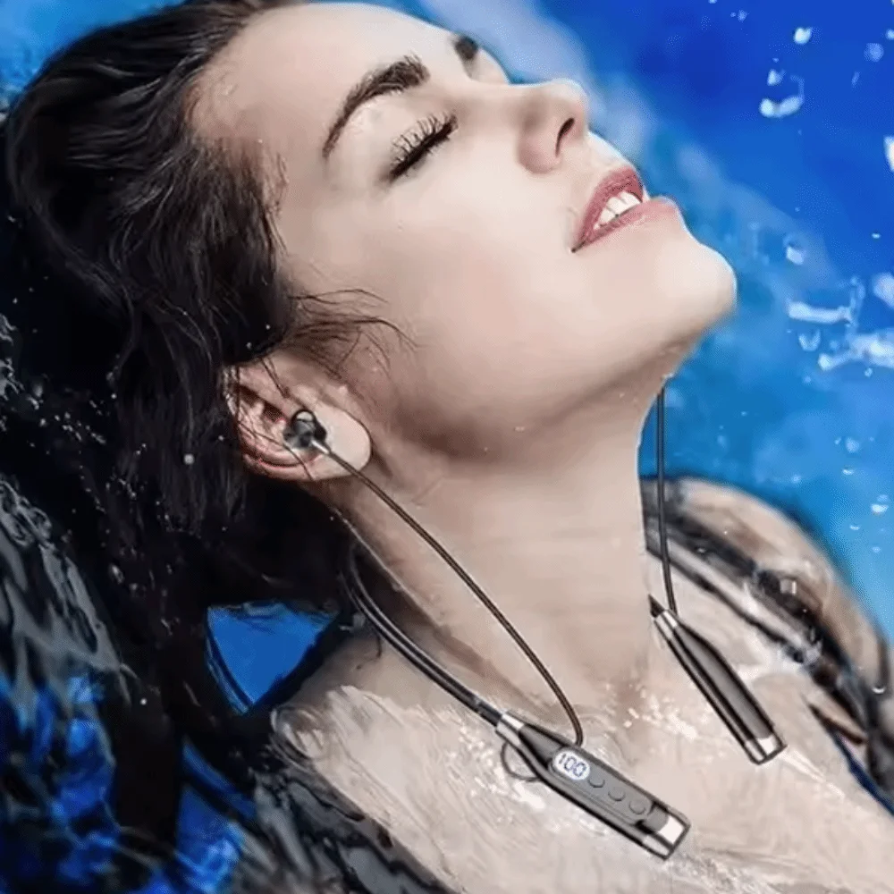 

LED Digital Display Neckband Headphones Neck-mounted Waterptoof Wireless Bluetooth Earphones 3D Stereo Mega Bass Sports Headsets