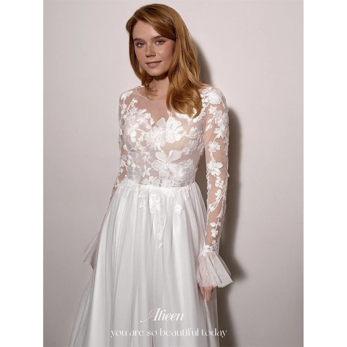 Aileen White Wedding Dress A-Line High Long Sleeve Sheer Illusion Floral Appliques Flared Floor Length Custom Fit Customized