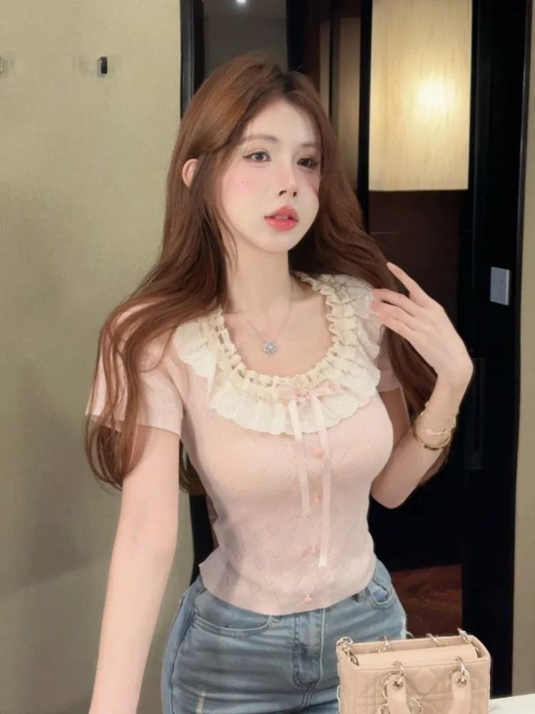 

Sweet Style Lace Trim Knitted Top Women Summer round Neck Knot Slim Fit Hollow out Thin Trendy Base Layer Shirt