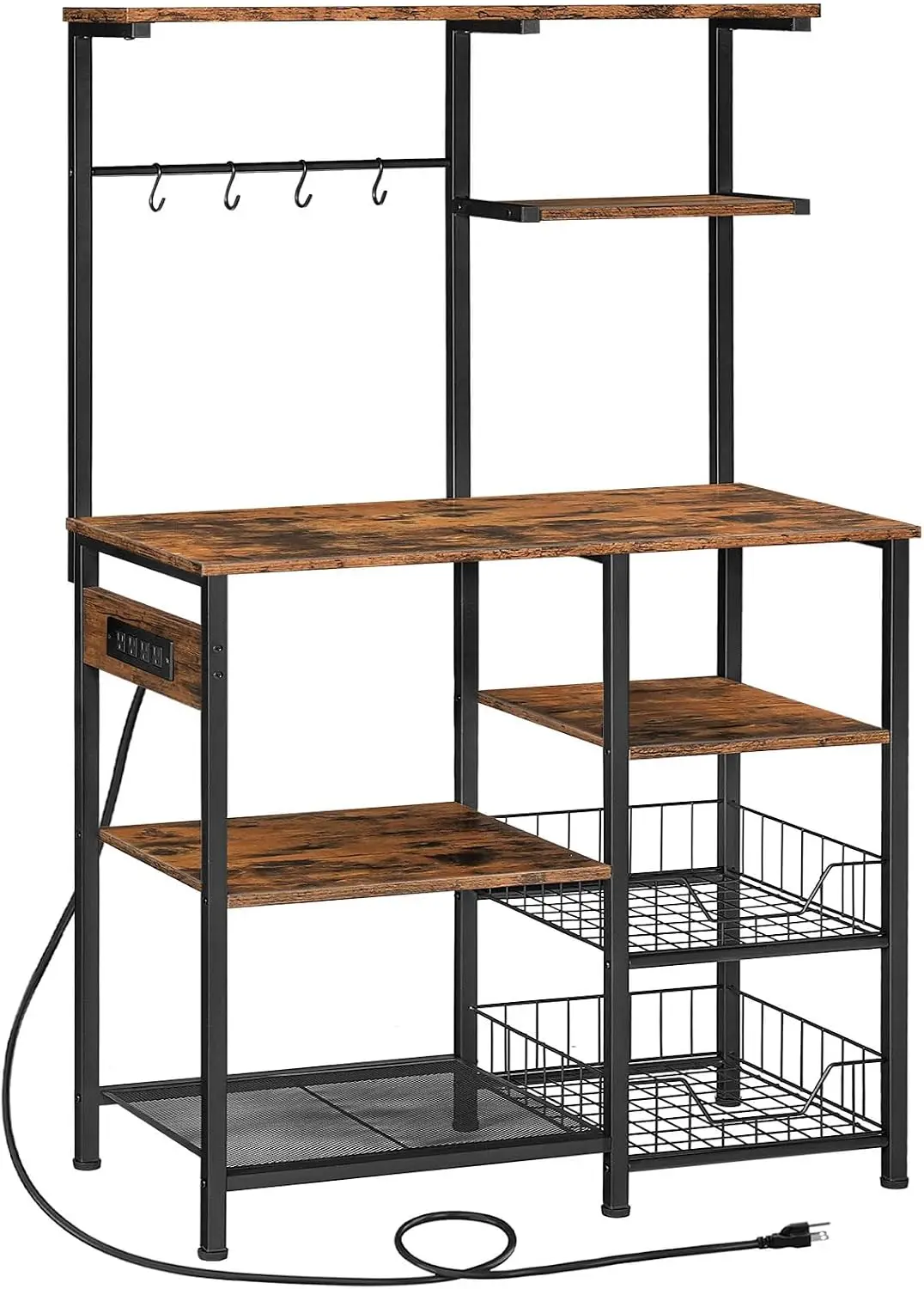 6 Tier Bakers Rack Power Outlets Microwave Stand 4 Hooks Coffee Bar Kitchen Shelf Wire Basket Kitchen Living Room Office Rustic