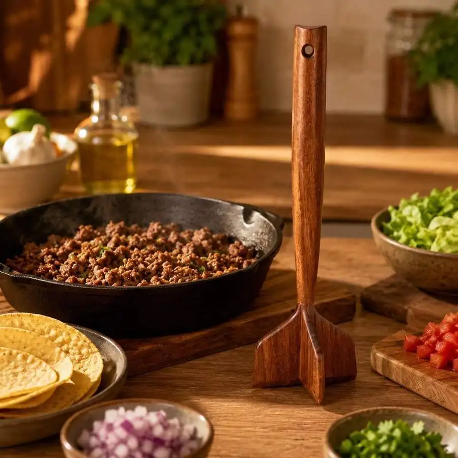 1PC Wooden Ground Beef Masher, Handheld Kitchen Tool For Smashers, Potato Masher, Kitchen Essentials And Kitchen Gadgets, Suitab