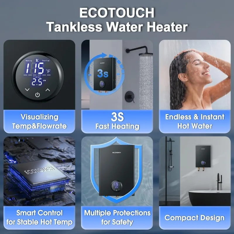 Electric Tankless Hot Water Heater, ECOTOUCH 18kW on Demand Instant Water Heater 240V, ETL Certificated Self-Modulation Point