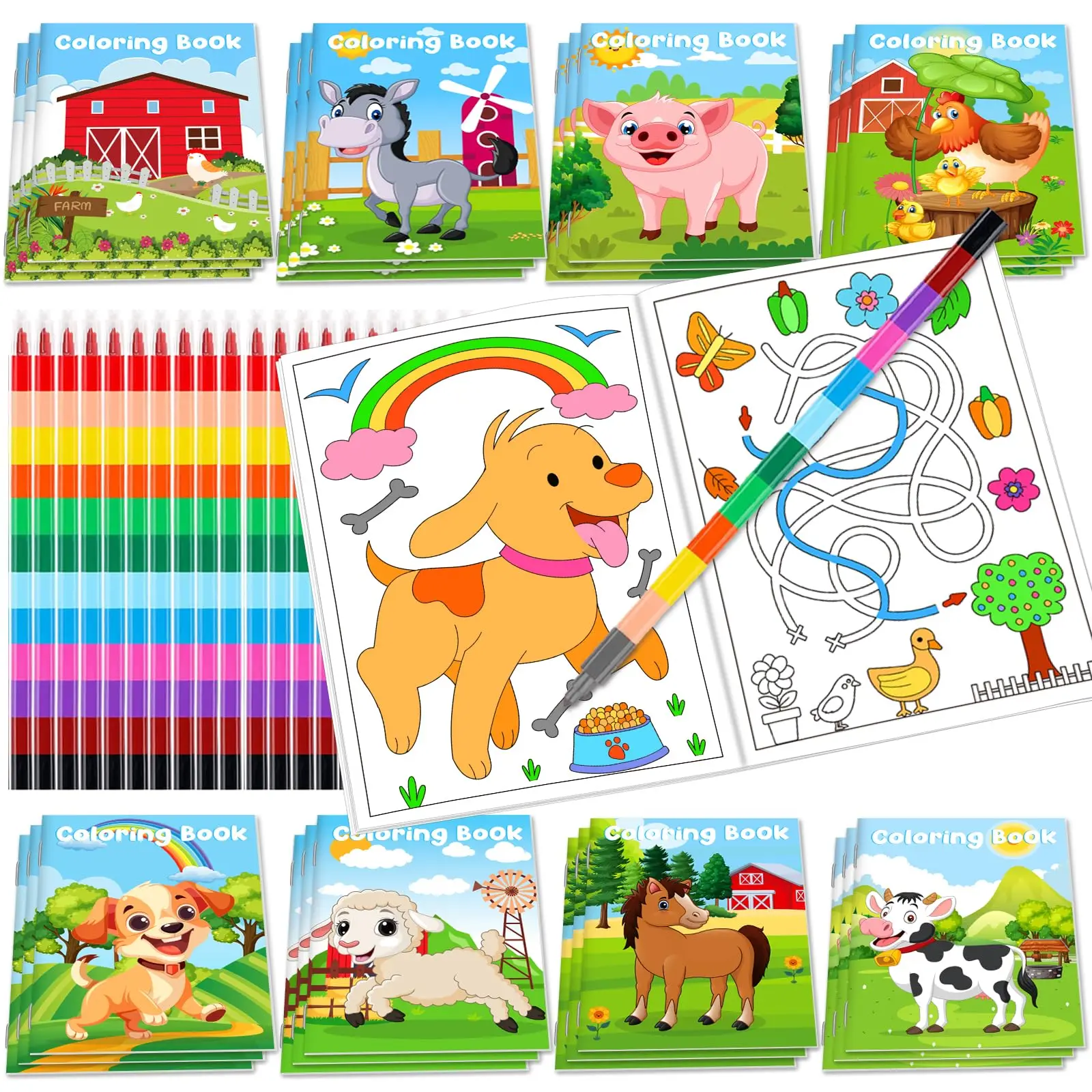 24Pcs Farm Coloring Books for Kids with 24 Stacking Crayons Mini Coloring Book Party Favors Bulk Gifts for Birthday Party