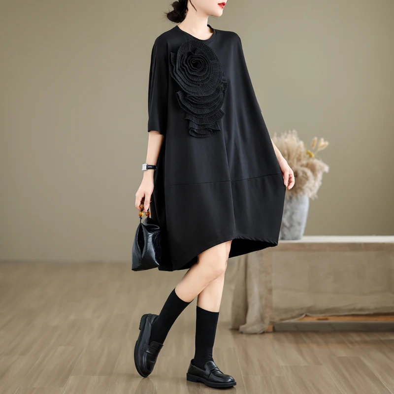 

Plus Size Ele Loose ort Sve T-irt Dr with Pleated 3D Flower Design Summer New Sle Women's Faion Casual Midi Dr