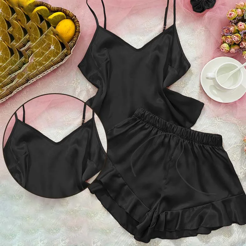 Two Pieces Sexy Pajama Set V-Neck Women Solid Color Silk Satin Spaghetti Homewear Loungewear Ruffled Female Home Clothes