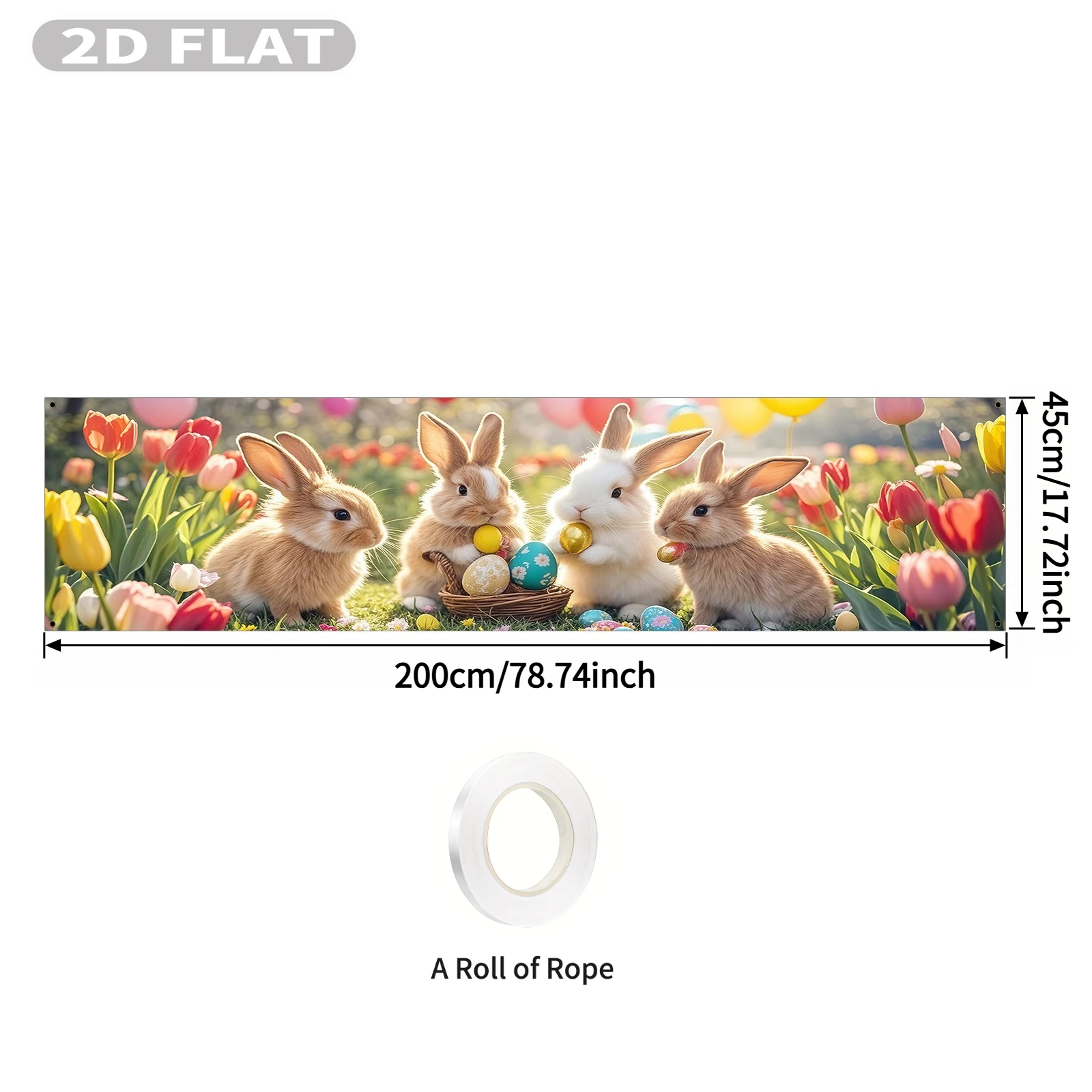 2D FLAT 1pc Party Packs Easter Bunny Banner, 17.72x78.74 Inch, Polyester Brown & White Bunnies with Tulips & Easter Eggs Design