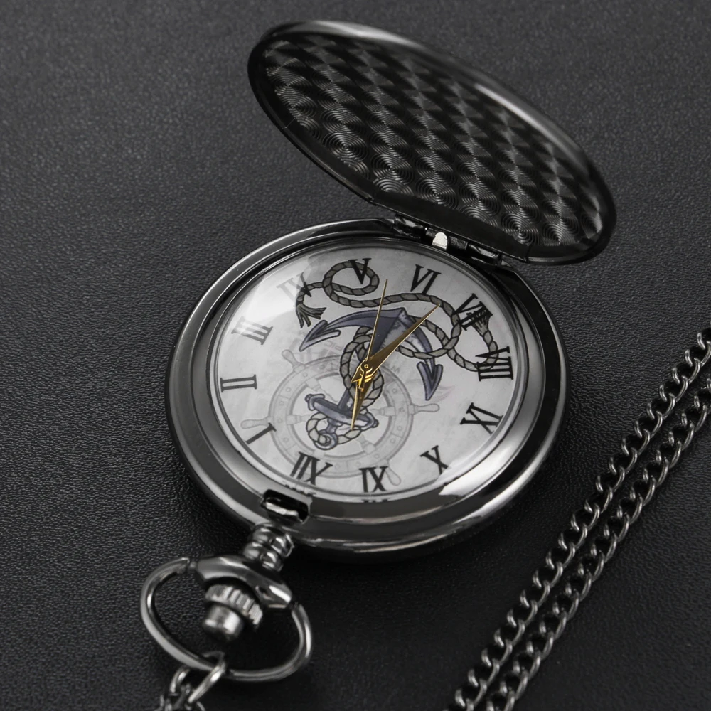 Exquisite Ship Anchor Rudder Pattern Roman Numerals Quartz Pocket Watch Men's Black Fob Chain Accessory Clock Necklace Gift