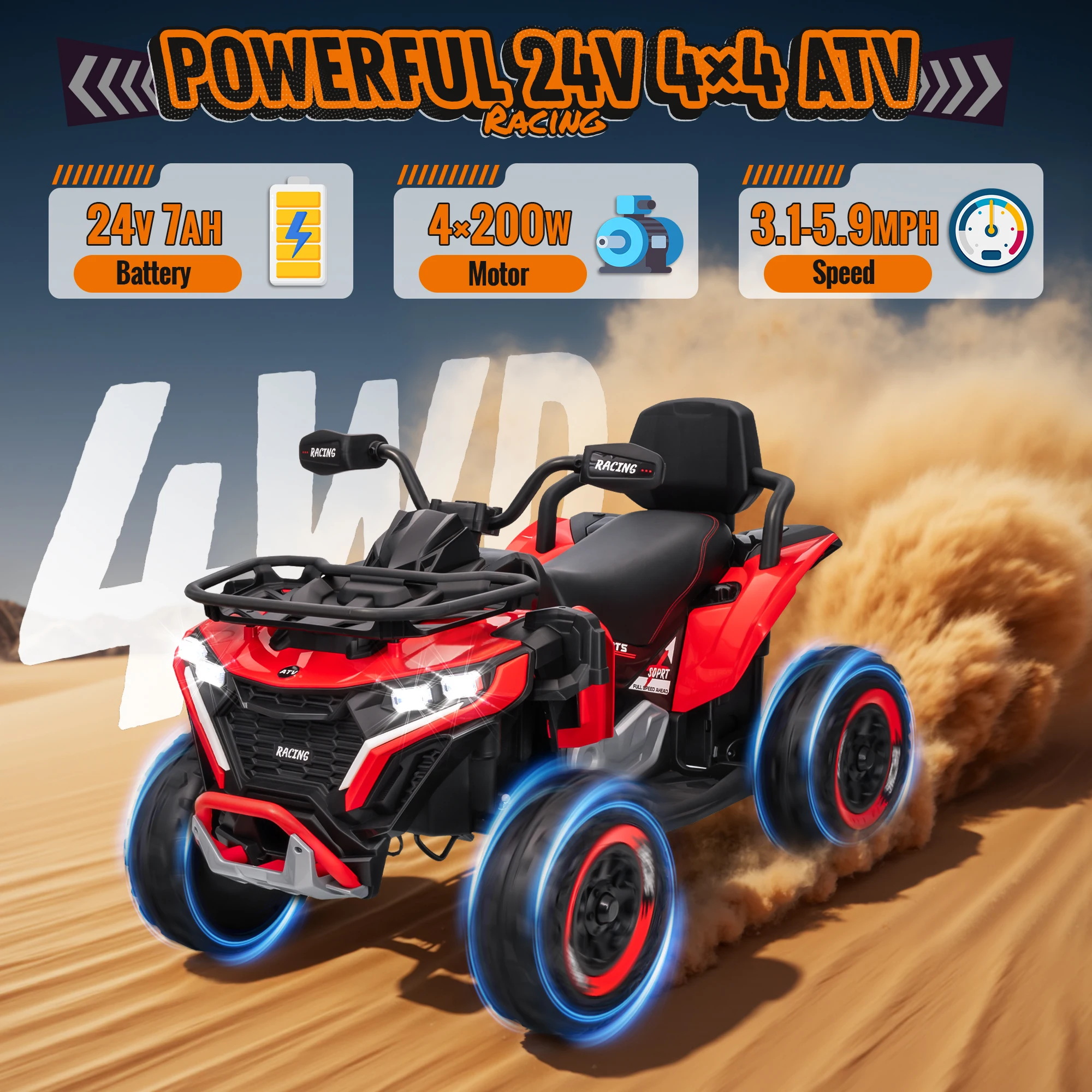 24-V-Fahrt auf dem Auto, Kinder-ATV XL-Vierrad mit EVA-Reifen, 19-Zoll-Leder-2-Sitzer, 800-W-Motoren, Fernbedienung, Knieschützer, Blume,