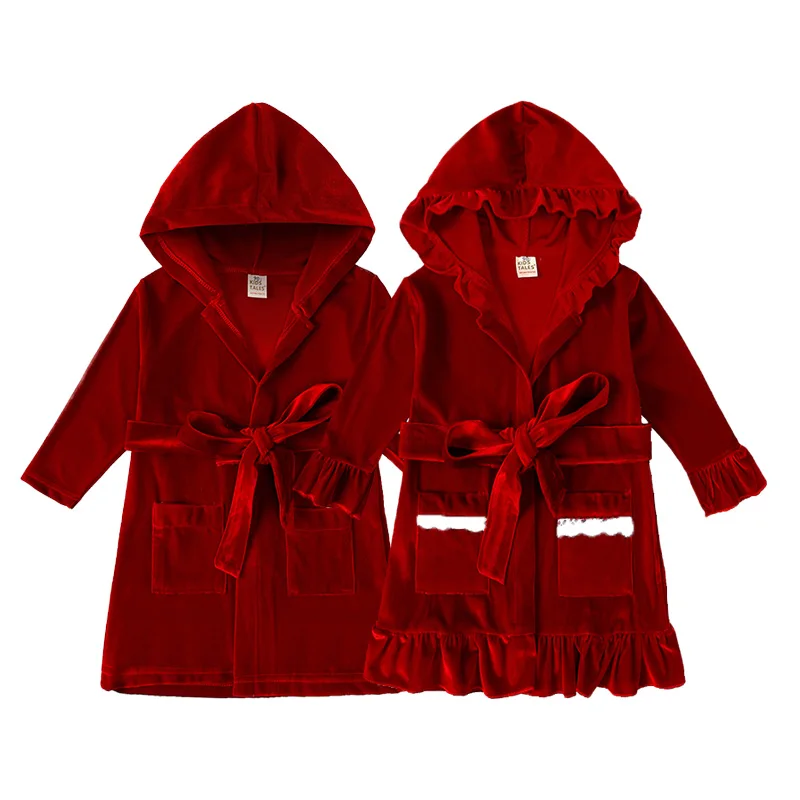 

Hot Sale Red Night Gown Pajamas Children's Clothing Winter Warm Velvet Sleepwear For Baby Girls Boys Long Sleeve Kids Outfits