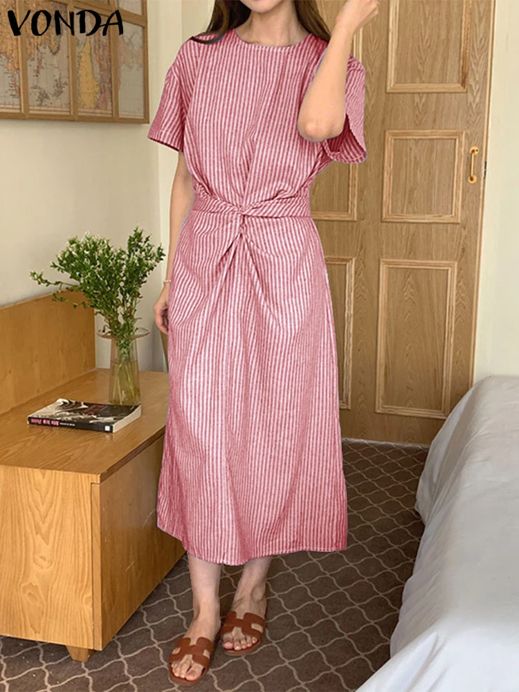 VONDA 2025 Bohemian Women Stripe Abiti Estate Manica corta Stampa coreana Camicia lunga Abiti Moda Pieghettato Midi Vestito estivo Robe