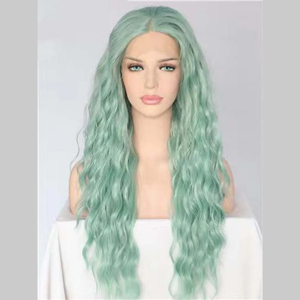 

FANXITION Synthetic Lace Front Wigs with Middle Part Light Green Long Deep Wave Wigs Natural Hairline Heat Resistant Glueless