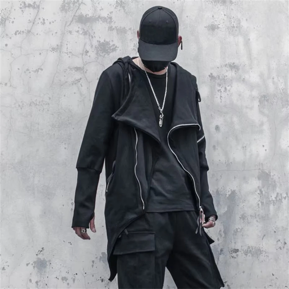 Techwear Harajuku Hoodies Men 2025 New Gothic Zipper Design Irregular Hem Coat Hip Hop Streetwear Hooded Sweatshirts