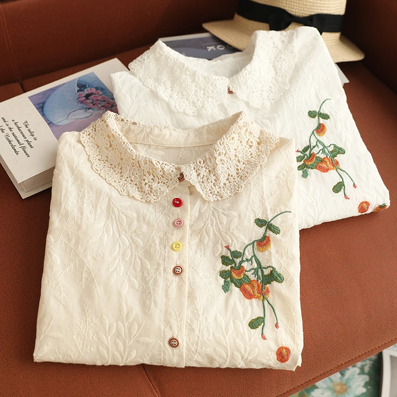 Autumn Hollow Out Peter Pan Collar Tops Women Clothing White Beige Color Embroidery Long-sleeved Loose Female Shirt Blouse U092