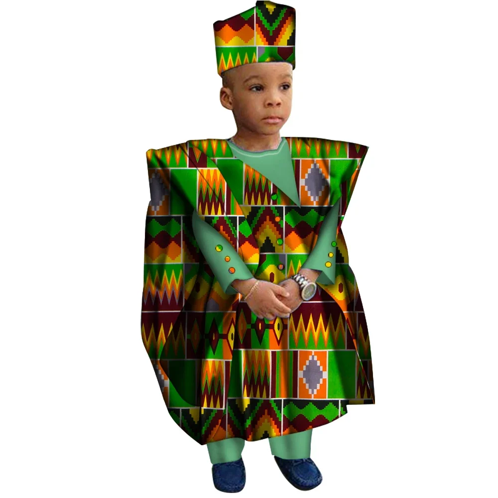 African Clothes with Hat Boy Tops and Pants African Print Clothes for Boys Bazin Riche Dashiki Gown Set WYT200