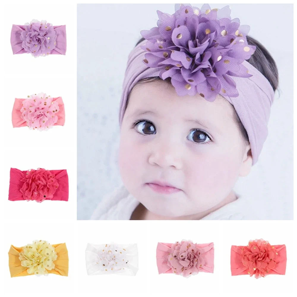 

1PCS Cute Big Chiffon Flower Gold Dot Printed Baby Headband Newborn Infant Nylon Headwraps Hair Accessories for Girls Kids Gifts