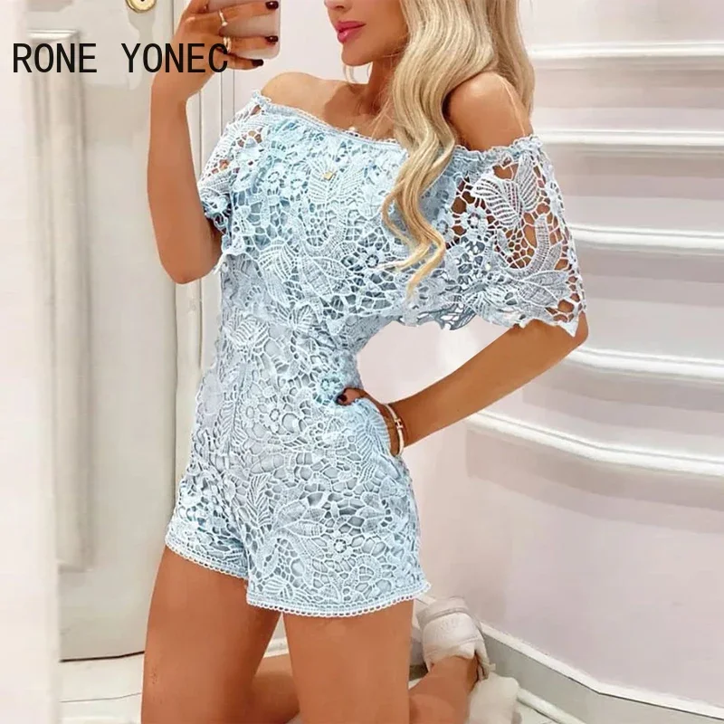 Women Sexy Solid Off Shoulder Slash Collar Lace Pocket Bodycon Sexy Rompers