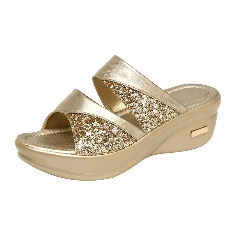 Female Casual Slingbacks Sandals Glitter PU Wedge Platform Comfortable Sandals for Women Spring 2024 Summer Wedge Slippers