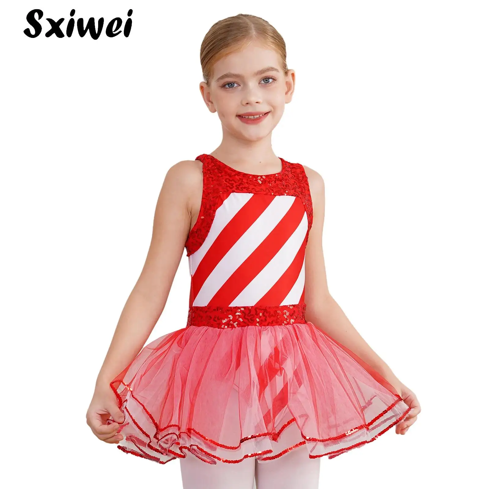 الفتيات الترتر مخطط السيدة سانتا كلوز زي لامعة قصب الحلوى عيد الميلاد Dancewear بقماش شفاف توتو الباليه الشكل التزلج فستان #1