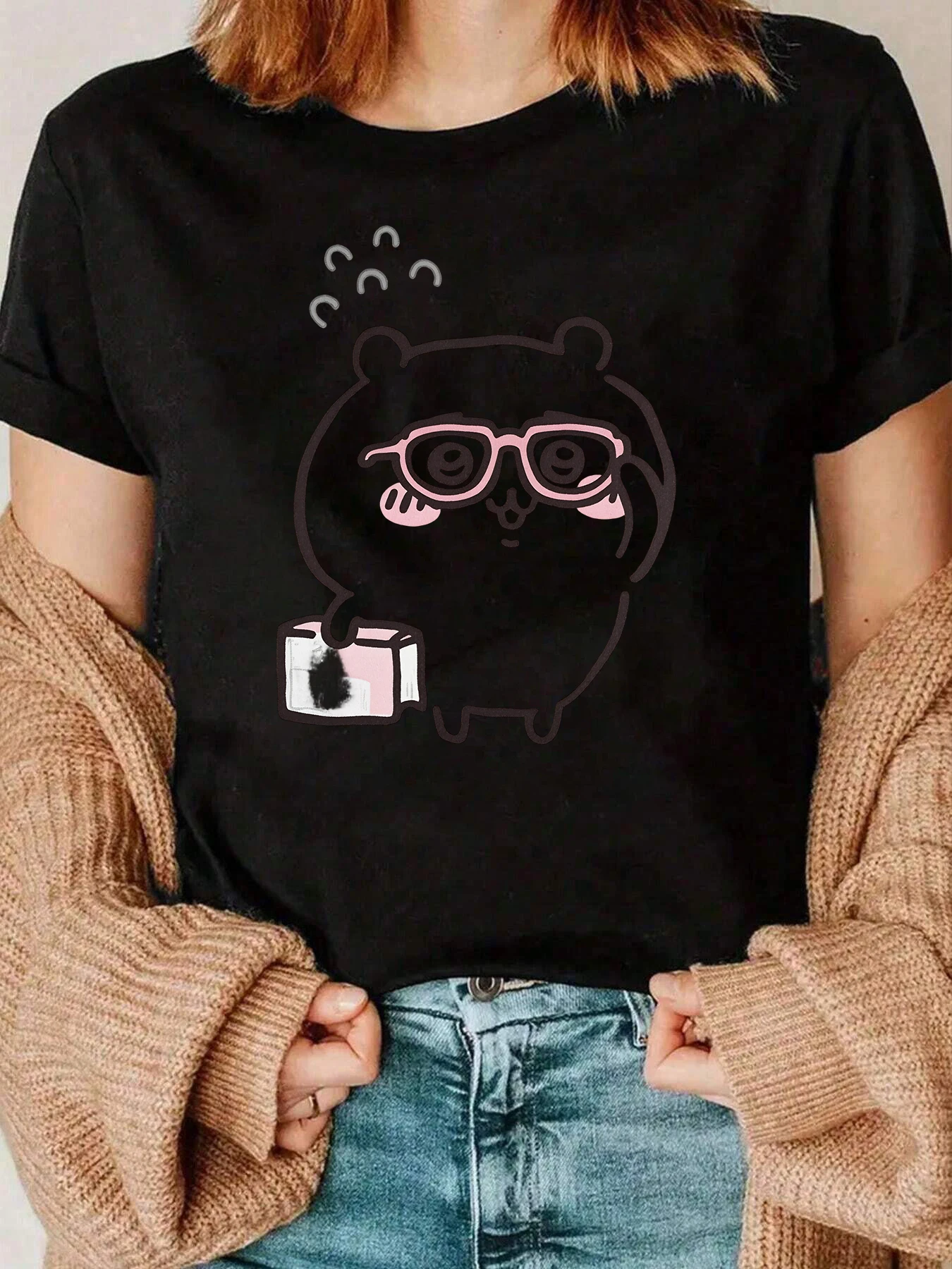 

Cute Bear With Glasses And Coffee Cup Print T Shirt Casual Daily Wear For Women 220g