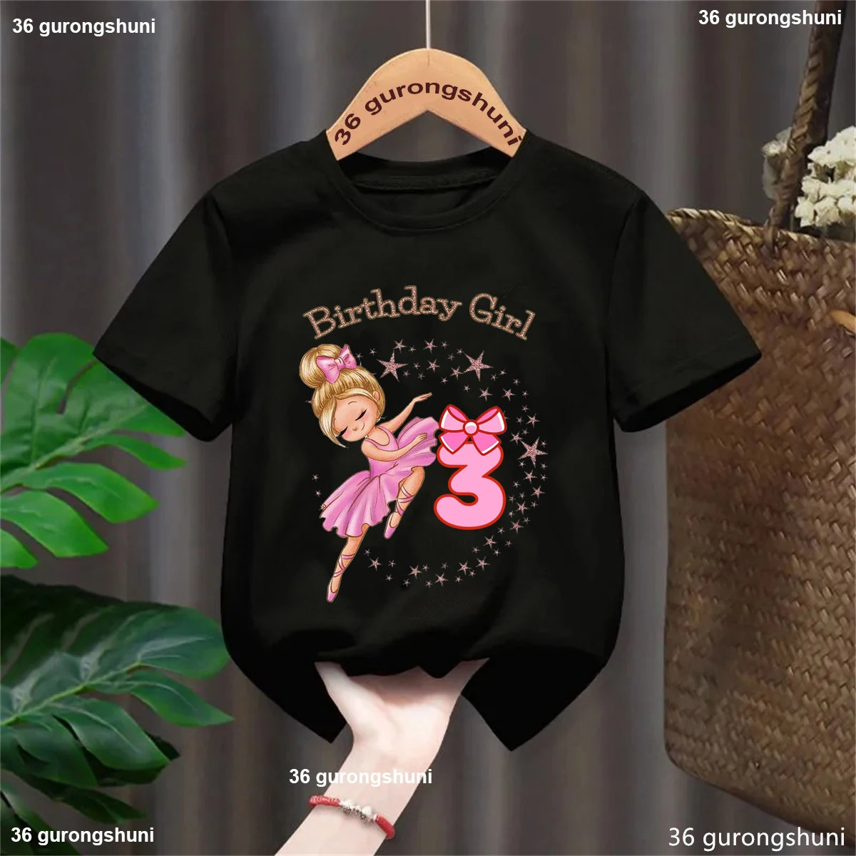 

Black T-Shirt Girls 2nd/3rd/4th Birthday Girl Ballet Pink Bow Printed T Shirt Girls Summer Kawaii Toddler Kids Clothes Tops