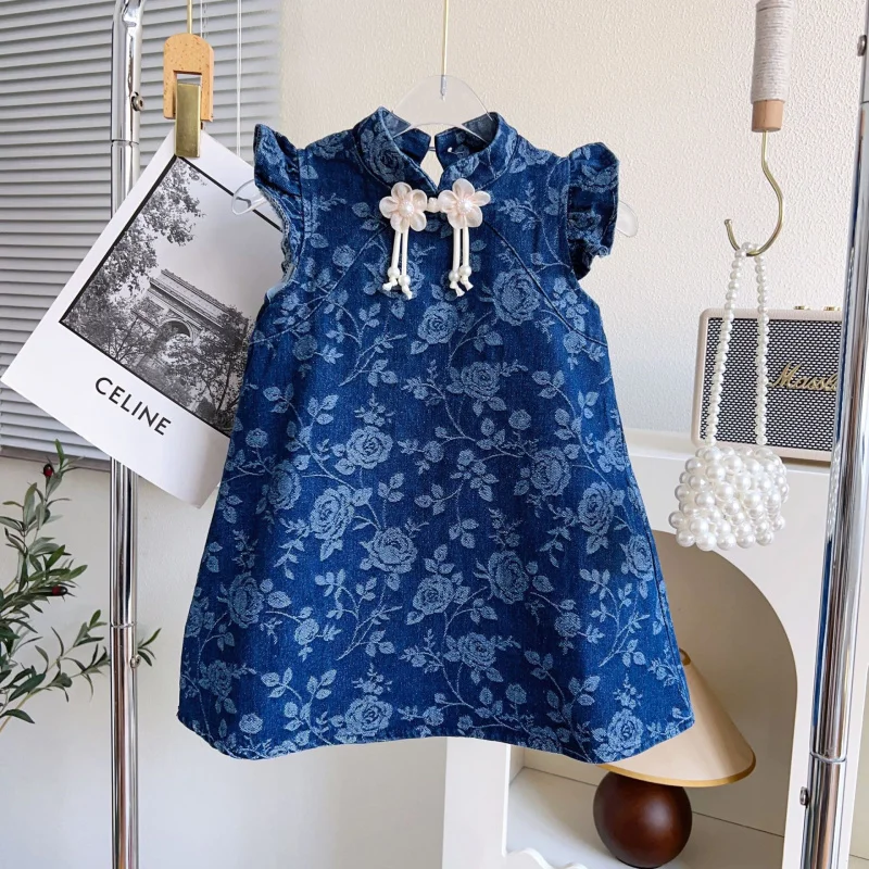 

Girls' Denim Dress Summer Chinese Style Button Cheongsam Dress Retro Flutter Sleeve Dress Vest Dress