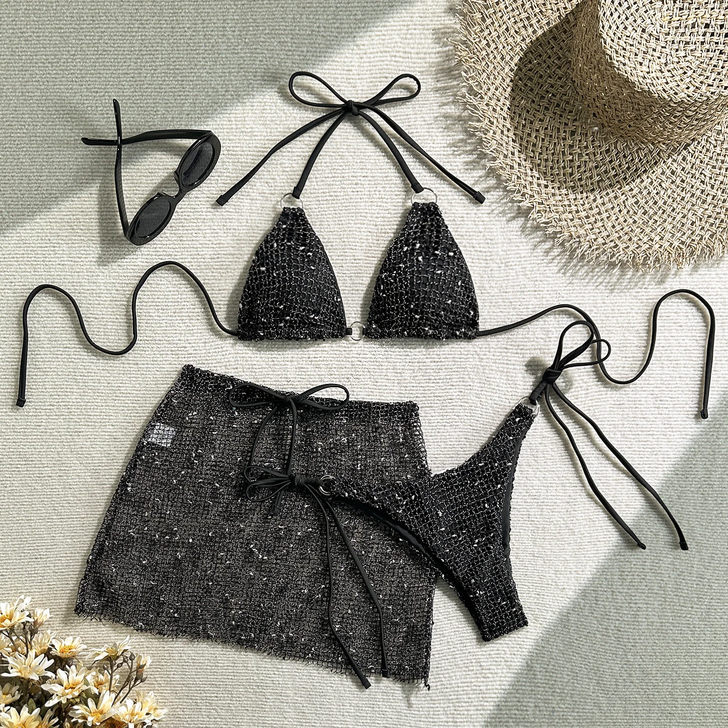 2025 신상 스플릿 메쉬 3피스 수영복 스트랩 비키니