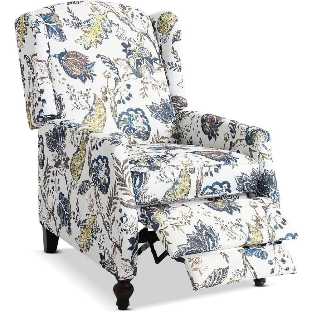 Upholstered Wingback Recliner Chair - Traditional Push Back Recliner with Padded Seat, Wingback Fabric Floral Recliner Chair