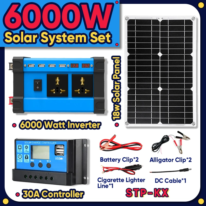 Solar System Combination 6000W Inverter 30A Controller 18W Solar Panel 12V to 220V/110V Smart Charge & Discharge Camping 