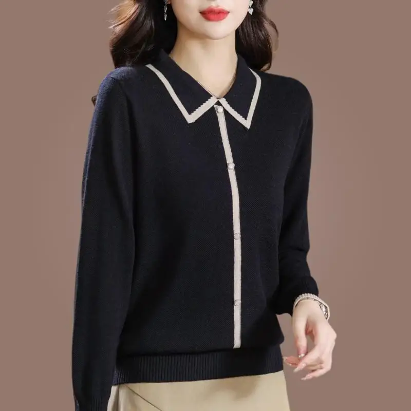 Spring and Autumn Women's Polo Neck Long Sleeve Loose Sweaters Cardigan Single Treated Basic Fashion Casual Office Lady Tops