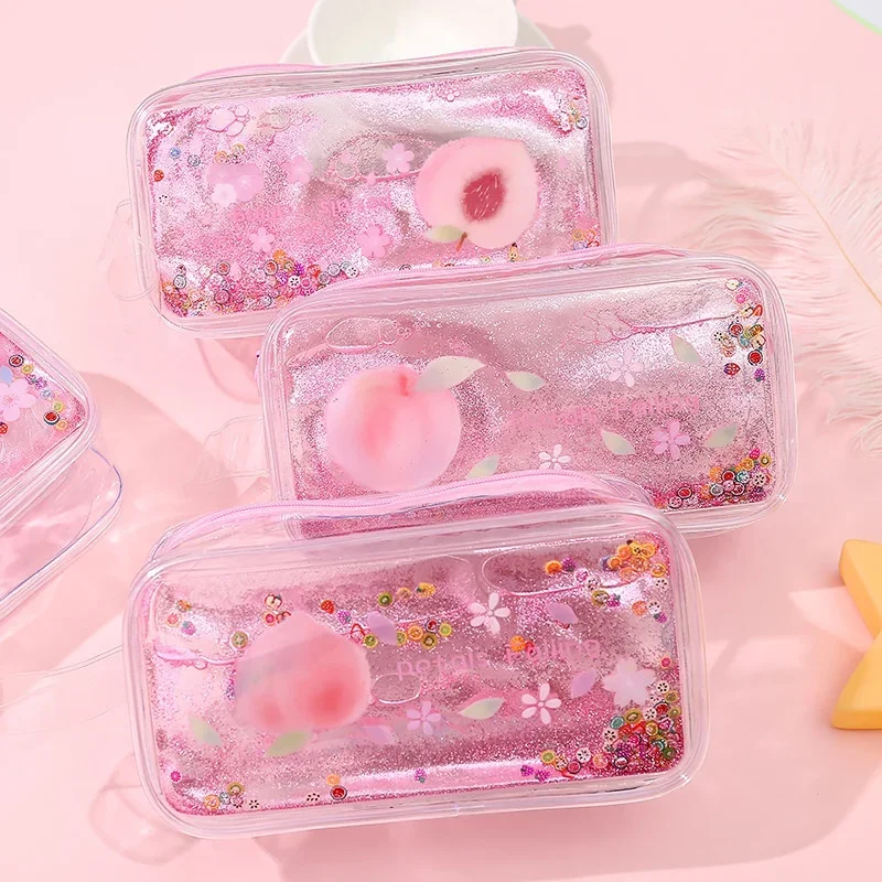 1 Pcs Kawaii Quicksand Peach Pencil Case High Capacity  Bag Transparent Glitter case For Girls Pen Box