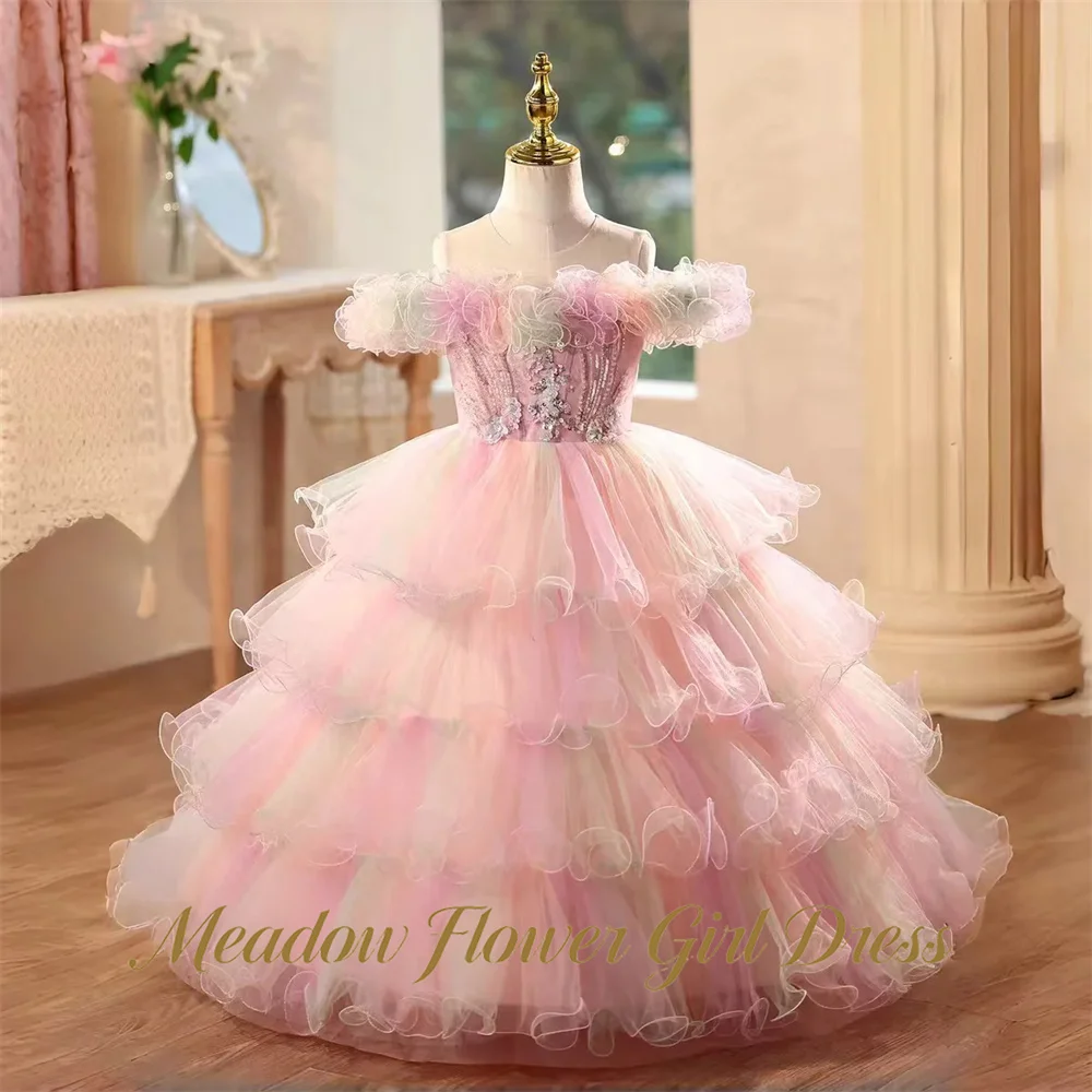 Meadow Pastel Pink Ombre Tutu Fluffy Prom Gown Off Shoulder Pageant Dress for Gir Rhinestones Children Birthday Wedding Dresses