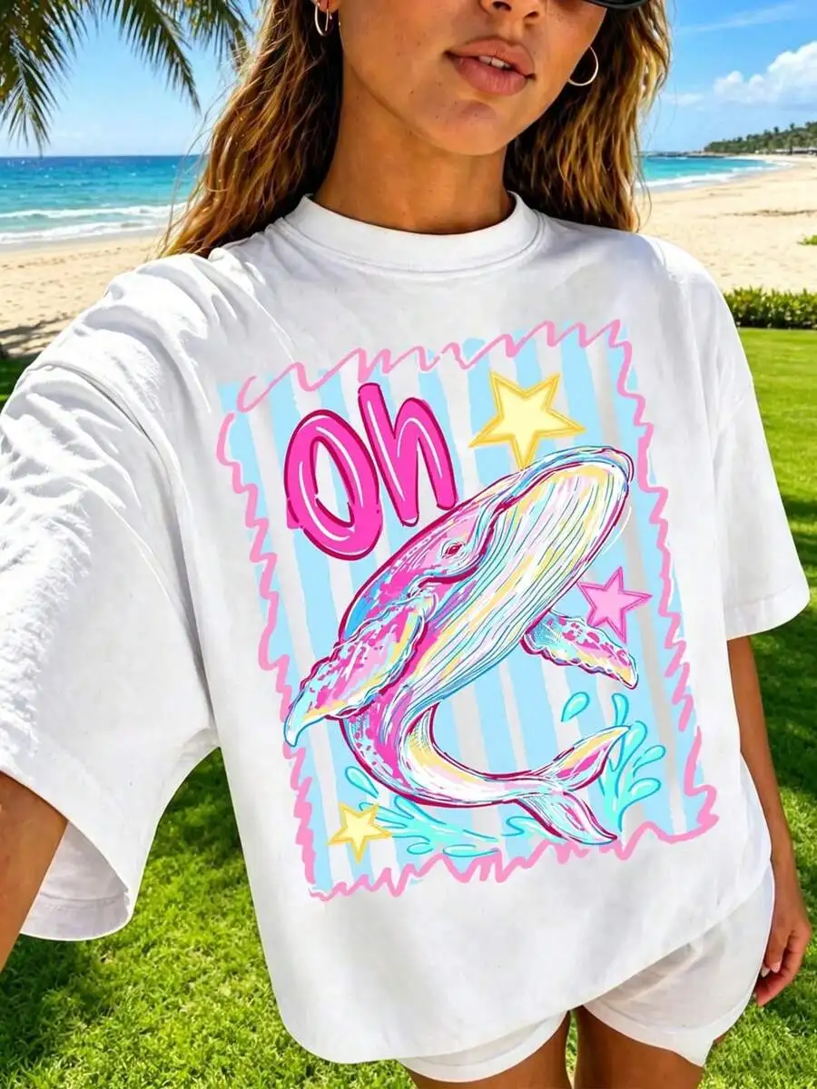 2026 New Pastel Striped Colorful Whale Star Graphic Crew Neck T Shirt For Women Ocean Animal Print Loose Casual Summer Beach Street Top