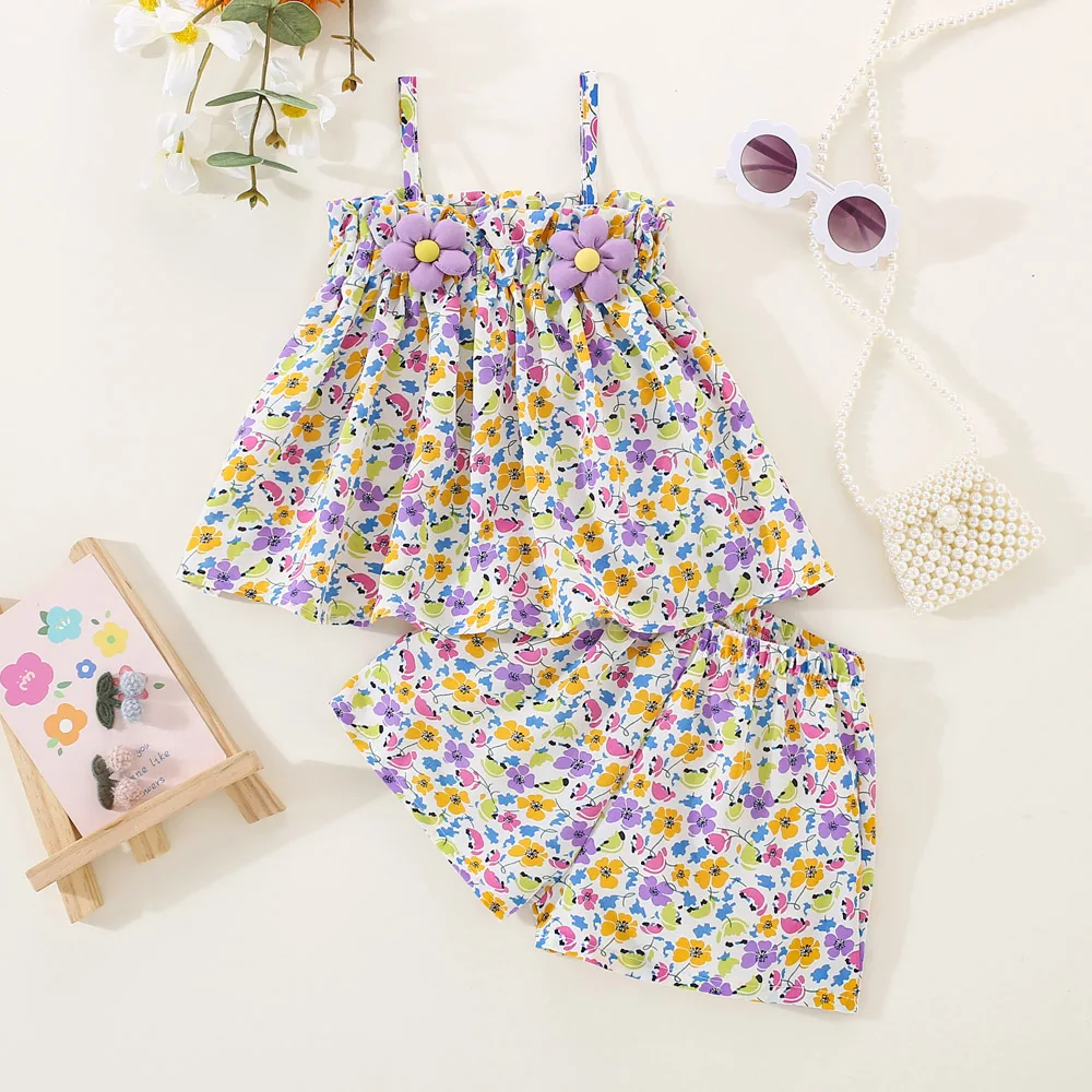 2pc/Set Baby Sets Summer Cotton Full Printed Flower Suspender Top Shorts Baby Girl Set Sweet And Cute Beach Baby Girl Clothing