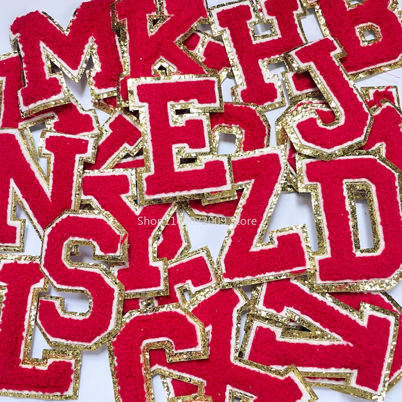 8CM Red Chenille Letters Patches Iron on Towel Embroidered Felt Alphabet Glitter Sequins Heat Adhesive Applique DIY Accessories