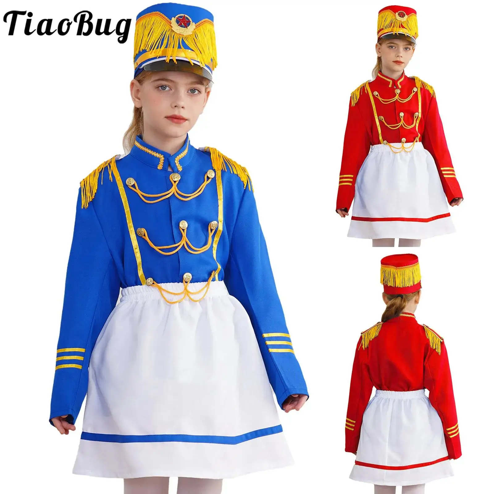 Kids Girls Honor Guard Drum Trumpet Team Costume Marching Band Performance Uniform Major Tops with Skirt Cap for Carnival Party